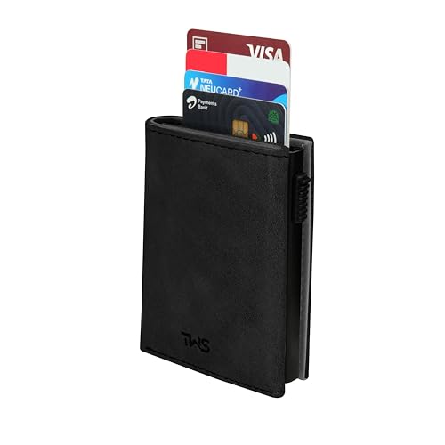 Image of The Wallet Store SlideX Neo RFID-Protected Pop-Up Card Holder Wallet for Men | Minimalist Leather Smart Wallet with Quick Access Ejector | Compact Dual-Color Card Case | Holds 6-10 Cards (Black)