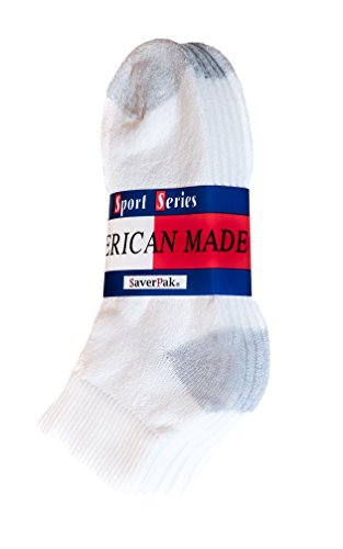 $averPak 3 Pack - American Made Cotton Blend Athletic Ankle Socks 3 Pair White with Grey Heel and Toe (Sock Size 10-13)