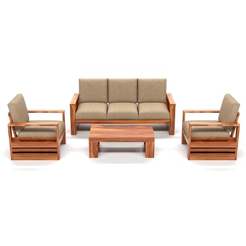 Image of Solid Sheesham Wood 5 Seater Sofa Set (3+1+1) for Living Room | Stylish & Durable 5 Person Sofa for Home & Office Furniture Decor (Zack Honey, 5 Seater)