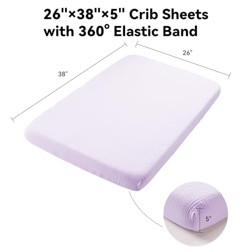 Image of TILLYOU Muslin Mini Crib Sheets 2 Pack, Pack and Play Mattress Sheets Fitted for Pack N Play, 38 x 26 Sheet for Toddler, Grey and Purple