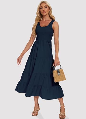Image of Women's Summer Smocked Maxi Dresses Sleeveless U Neck Ruffle Hem Tiered A Line Flowy Dress