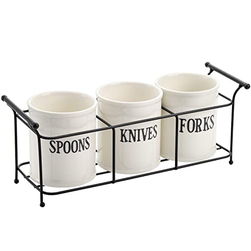 Bekith B-CERAMICCADDY-ROUND-HANDLE 3-Piece White Ceramic Silverware Caddy With Black Metal Rack, Utensil Holder Flatware Caddy Cutlery Storage Organizer thumb #3