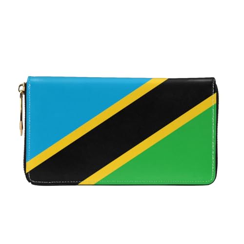 TYUMHTanzania Flag Leather long clutch wallet with 12 card slots and 3 full pockets for cash, designed for fashionable women.2
