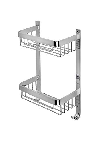 Croydex Aluminium Large Two Tier Shower Caddy - Bathroom Storage Basket with Hooks, Rust-Free Chrome Bathroom Accessory - Wall Fixings, Plugs & Screws Included, 5kg Load Capacity