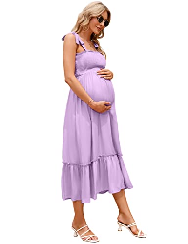 Coolmee Smocked Maternity Boho Dress Summer Casual Spaghetti Strap Ruffle  Sleeveless Flowy Maxi Dress Baby Shower Photoshoot Purple S at Amazon  Women's Clothing store