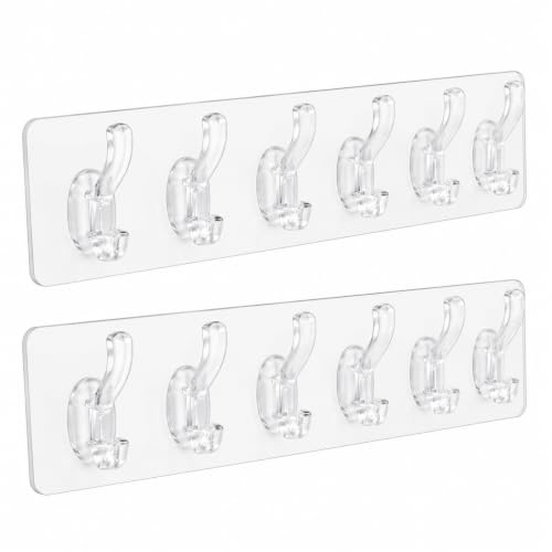 Image of KONVIO NEER Self Adhesive 6-Hook Wall Hanger, Pack of 2 Transparent | Strong self-adhesive wall hooks with 6-hook design for hanging towels, keys, clothes and kitchen essentials without drilling.