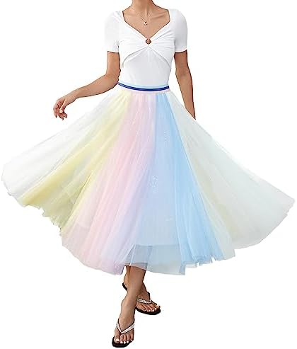 Women Pleated Long Tulle Skirt High Elastic Waist Swing Casual Mi...