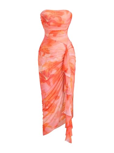 WDIRARA Women's Floral Tube Dress Ruffle Draped Strapless Ruched Bodycon Long Dresses