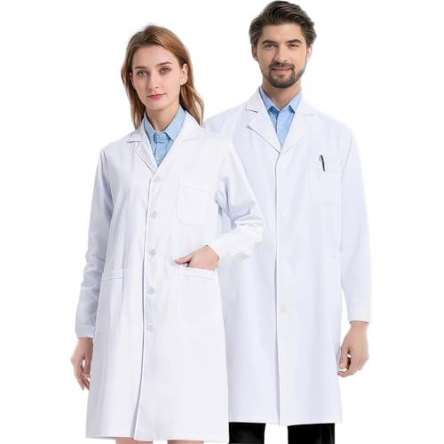 LuckyQianyi Laborkittel,weißer Arztkittel,Schutzkleidung für Labore, Krankenhäuser, Schulen, Herren Damen Unisex,In Schülerlabors verwendete Kleidung (M)