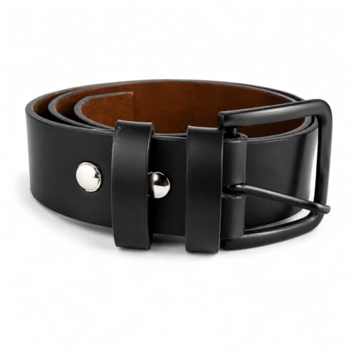 Image of Men's Black Leather Belt with Matte Black Pin Buckle