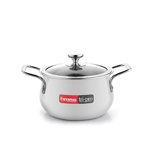 Image of Crystal Trival Triply Stainless Steel Stock Pot | 3 Liters with Glass Lid | Biryani Pot, Handi Shaped /Casserole | Weight-1.7 kg | Induction Friendly | 100% Toxin-Free | Healthy Cooking, Less Oil Use