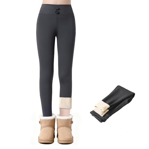 JinBei Leggings Térmicas para Niña Forro Polar Invierno Pantalones con Bolsillos Largos Calentitos Mallas Infantiles Cintura Alta Suaves Grueso Pantalón Ropa Adolescentes Gris, 14-16 Años