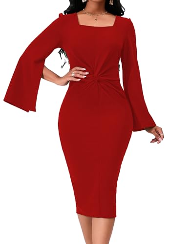 Image of Dresses for Women Elegant Long Sleeves Ruffles Pencil Knee Length Split Business Dress with Belt Zipper