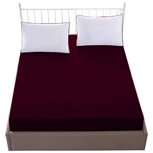 Image of Lithara Terry Cotton Fitted Mattress Protector for Single Bed | Waterproof & Elastic Band | Ultra Soft & Hypoallergenic Mattress Cover | Size : 75 x 36 Inches (6.25 x 3 Feet) | (Maroon)