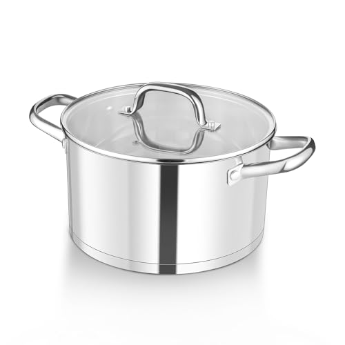 HaWare Stock Pot with Clear Lid 6L Tri-Ply Bottom Stainless Steel Stockpot for Cooking Pasta & Stewing Soup Suit for Induction/Electric/Gas/Ceramic Healthy & Easy Clean - 24cm