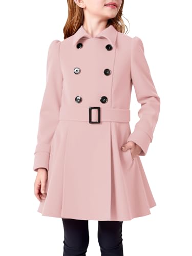 Haloumoning Girls Double Breasted Pea Coat Kids Winter Lapel Belted Wool Blend Coat Outerwear 5-14 Years