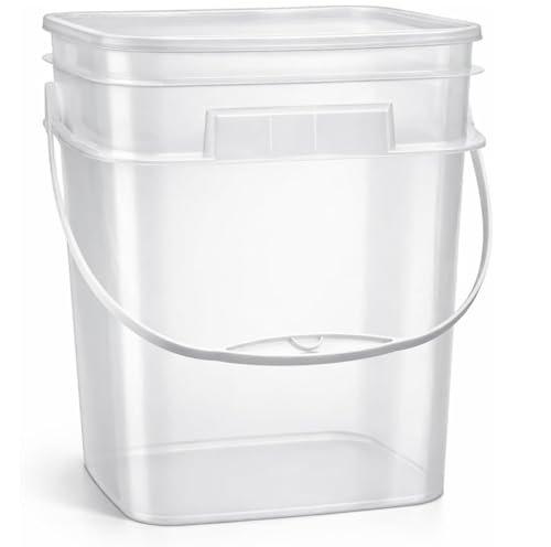 Image of House Naturals 4 Gallon Square Food Grade Bucket Pail with Plastic Handles and Lid (Pack of 3) Made in USA containers (4G SQ Clear - Green lids)
