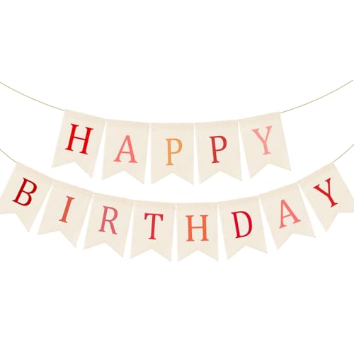 Image of Doumeny Happy Birthday Burlap Banner Boho Birthday Garland Banner Red Bohemian Theme Hanging Bunting White Happy Birthday Bunting Garland Colorful Birthdays Sign Flag for Women Men Party Backdrop