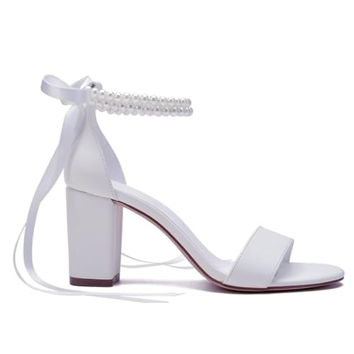 Image of Pearl Wedding Shoes Open Toe Block Heel Wedding Sandals Chunky Heel Bridal Shoes