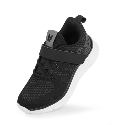 Tobfis Boys Girls Kids Arch Support Strap Running Athletic Tennis Shoes Breathable School Walking Sneakers,Knit Black,6 M US Big Kid