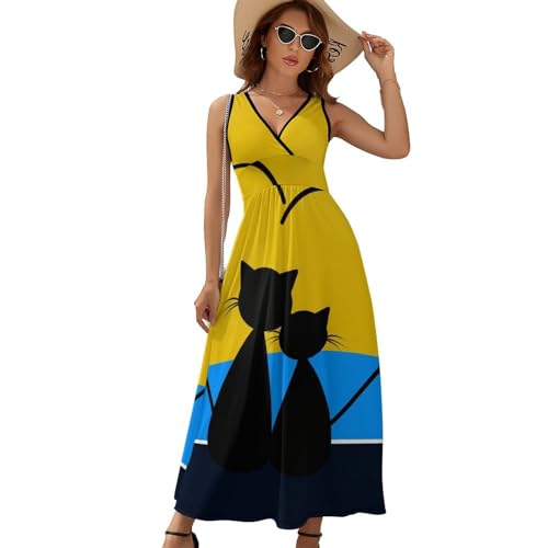 Robe maxi col V décontractée style bohème chic avec imprimé chats - 6