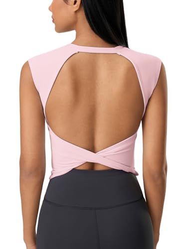 Image of ABOCIW Women Twist Back Workout Top with Built in Bra Cap Sleeve Pilates Yoga Crop Top Athletic Gym Shirt