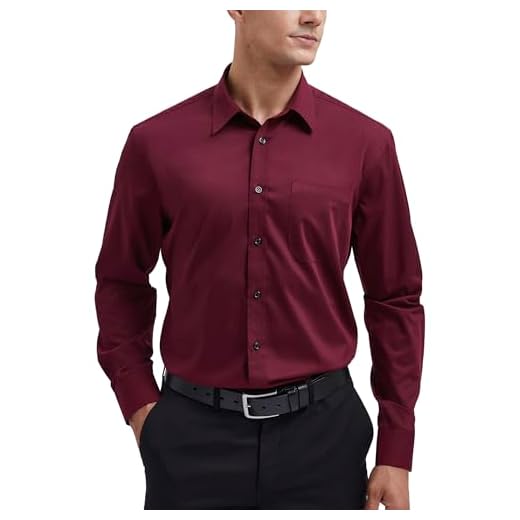 HISDERN Camisa Borgoña de Manga Larga para Hombre Camisa de Vestir de Negocios Camisa Informal de Ajuste Regular Camisa de Fibra de bambú sin Hierro con Bolsillo S-4XL,2XL