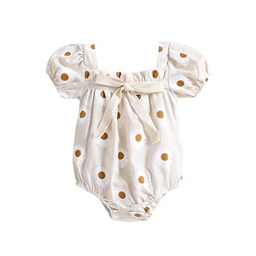 Image of Tsnbre Newborn Baby Girl Romper Daisy Print Short Sleeve Bodysuit Jumpsuit Summer Clothes
