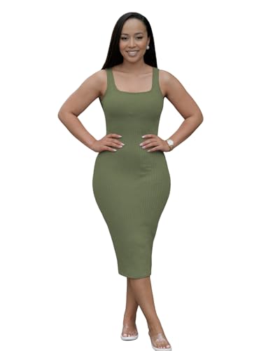 Image of TOPSRANI Women Sexy Midi Dress Bodycon Casual Sleeveless Basic Ruched Tank Summer Club Party Dresses