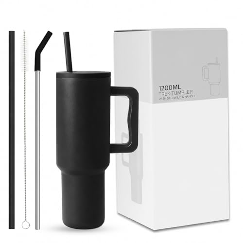 Image of Black Stainless Steel Tumbler with Handle 1200 ml, Straw & Cleaning Brush, Double Wall Leakproof Sipper Tumbler, Cup Holder Fit Travel Mug for Men Women, Portable Tumbler for Gym & Office