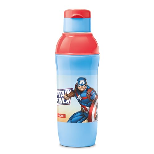 Image of Milton Marvel Steel Slim 600 Insulated Inner Steel Water Bottle for School Kids,Leak Proof FlipTop Lid,Easy to Carry Loop,Insulated Thermo Sipper Bottle for Kids,490 ml,Sky Blue(Captain America print)