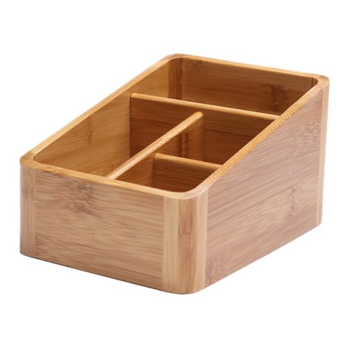 FRCOLOR Caja Organizadora de Bambú para Escritorio con Cuatro Compartimentos Almacenamiento para Maquillaje Mando Distancia y Objetos Varios Diseño Seguro con Esquinas Redondeadas