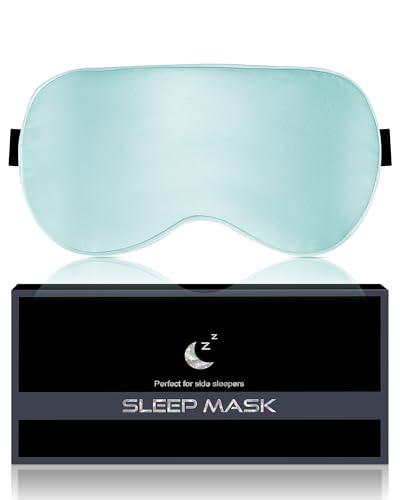 Aosun Schlafmaske Seide für Seitenschläfer, 100% Bio Maulbeerseide,100% Lichtblockierende Schlafbrille mit Verstellbarem Band & Beutel für Frauen & Herren, Upgrade Augenmaske für Reise, Himmelblau