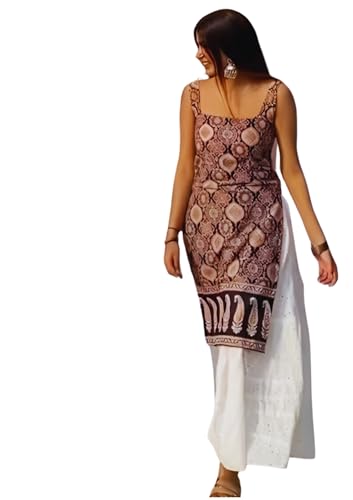 Image of Women's Sleeveless Ajrak Print Kurti, Pure Cotton Straight Fit Straight Cambric Jaipuri Printed Kurti