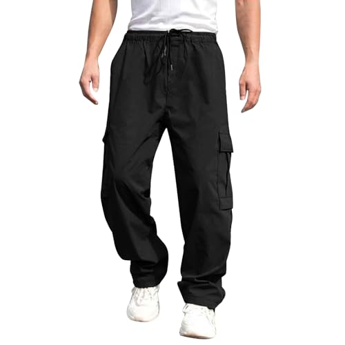 Men's Casual Cargo Pants Elastic Waist Drawstring Baggy Pants Straight Leg Sweatpants with Pockets