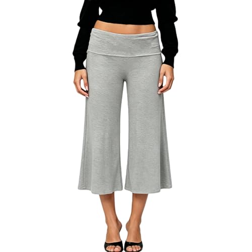 Qmlyev Fold Over Capri Pants for Women Low Rise Wide Leg Yoga Capris Summer Cute Going Out Flowy Gaucho Pants Streetwear (Gray S)