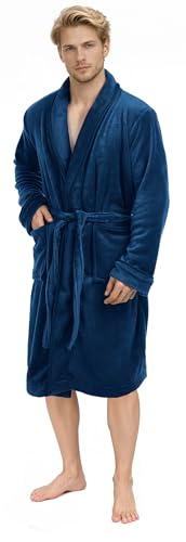 NY Threads Bata de hombre con cuello chal, ropa de dormir suave y acogedora, Azul Marino, Grande