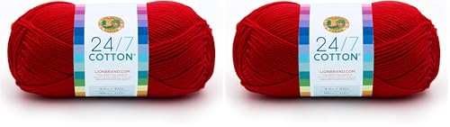 Image of Lion Brand 24 /7 Cotton Yarn, Lightweight Yarn for Knitting, Crocheting, and Crafts, Red, 2 Pack