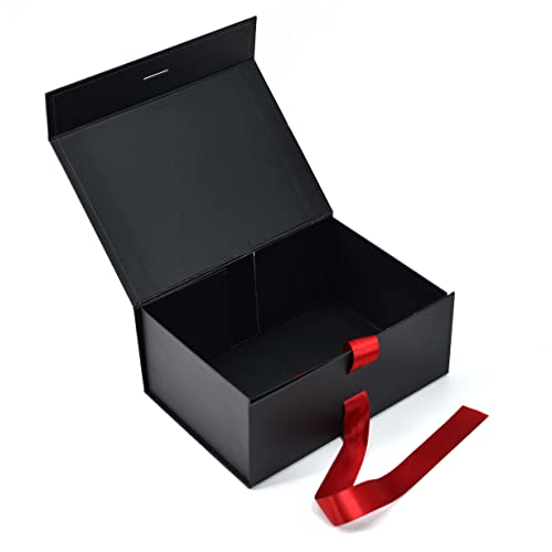 Image of RBS - Black Gift Boxes for Packaging (Empty) 23 x 16 x 10cm Holds Upto 5kg, Multipurpose Valentine Gift Boxes for All Occasions (1 Pack) Cardboard Boxes Empty Gift Box for Presents (Red Ribbon)