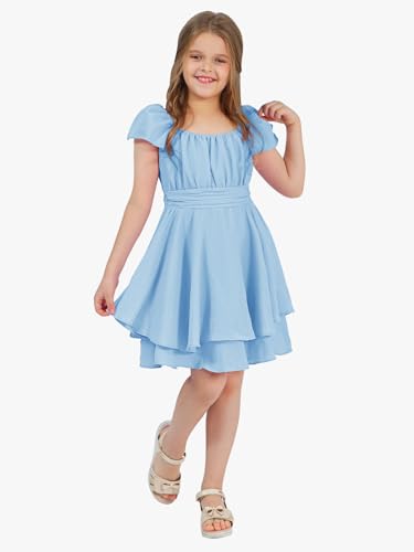 EXLURA Casual Short Cap Sleeve Girls Tie Back A Line Ruffle Hem Junior Teenage Kids Short Mini Dress Size 6-15 Years3
