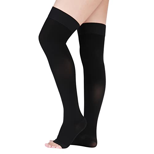 LIN PERFORMANCE 15-20 mmHg Medical Compression Stockings for Women and Men Thigh High Dot-Top Open Toe Socks for Varicose Vein Swollen legs Travel Flight Pregnant(Black,M)