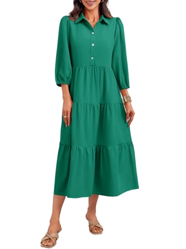 Image of Wenrine Womens Casual 3 /4 Sleeve Shirt Dress Button Down V Neck Tiered Collared Flowy Maxi Dress