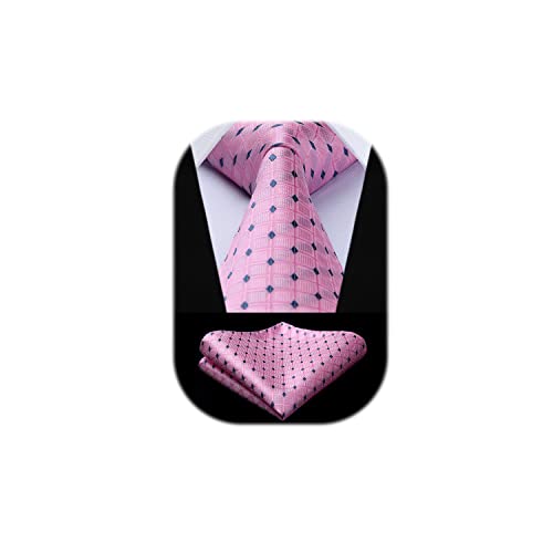 HISDERN Juego de corbata y pañuelo de bolsillo para hombre color rosa a cuadros tejido jacquard clásico