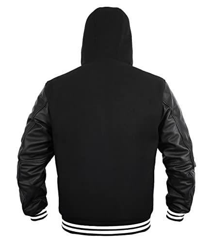 Image of Deckra Men's Varsity Jacket Genuine Leather Sleeve and Wool Blend Letterman Boys College Varsity Jackets with Hood XXS-5XL