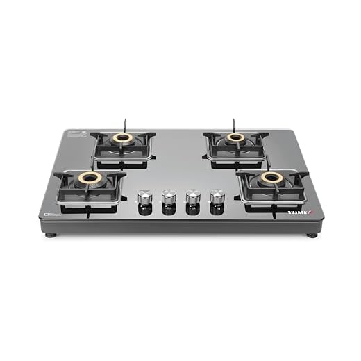 Sujata 4 Burner Gas Stove Glass Top | 9 Years Warranty | Premium Gas Stove with Jumbo Brass Burners | SABAF Technology | ISI Certified | LPG & PNG Compatible | 360° Rotating Brass Nozzle (Black)