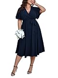 SCOMCHIC Womens Plus Size Wedding Guest Cocktail Midi Dress Summer Short Sleeve Wrap V Neck Belted A-Line Flowy Dress Navy Blue