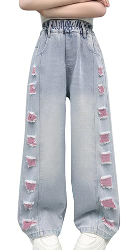 SEAUR Girl's Hip-Hop Ripped Jeans Casual Retro Elastic High Waist Denim Pants Wide Leg Jeans with Pockets 5-14 Years