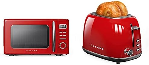 Galanz GLCMKZ09RDR09 Retro Countertop Microwave Oven with Auto Cook & Reheat, Quick Start Functions, Easy Clean with Glass Turntable, Pull Handle, 0.9 cu ft, Red & 2 Slice Retro Toaster, Retro Red