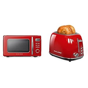 Galanz GLCMKZ09RDR09 Retro Countertop Microwave Oven with Auto Cook & Reheat, Quick Start Functions, Easy Clean with Glass Turntable, Pull Handle, 0.9 cu ft, Red & 2 Slice Retro Toaster, Retro Red