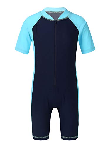 YOOJIA Kinder Unisex Badeanzug mit Bein Einteiler Schwimmanzug Badenmode Wettkampf Badebekleidung für Mädchen Jungen Himmelblau&Schwarz 146-152